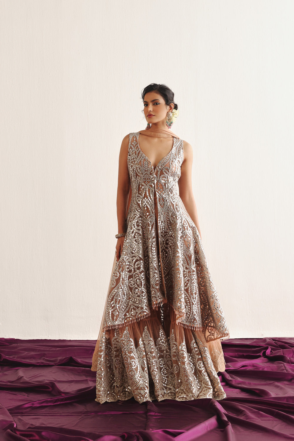 Long Asym Sleeveless Sherwani With Applique Dupatta And Flared Sharara