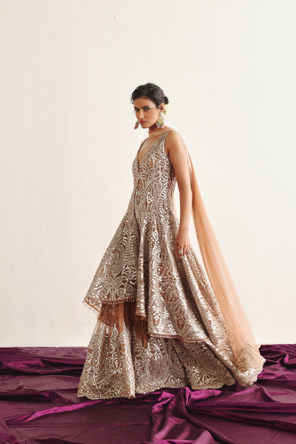 Long Asym Sleeveless Sherwani With Applique Dupatta And Flared Sharara