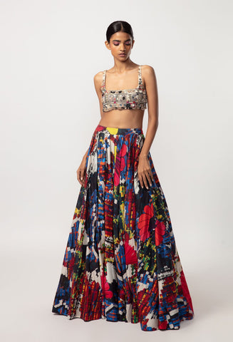 Periwinkle Bandhani Print, Hand Micro Pleated Cross Over Bustier Maxi