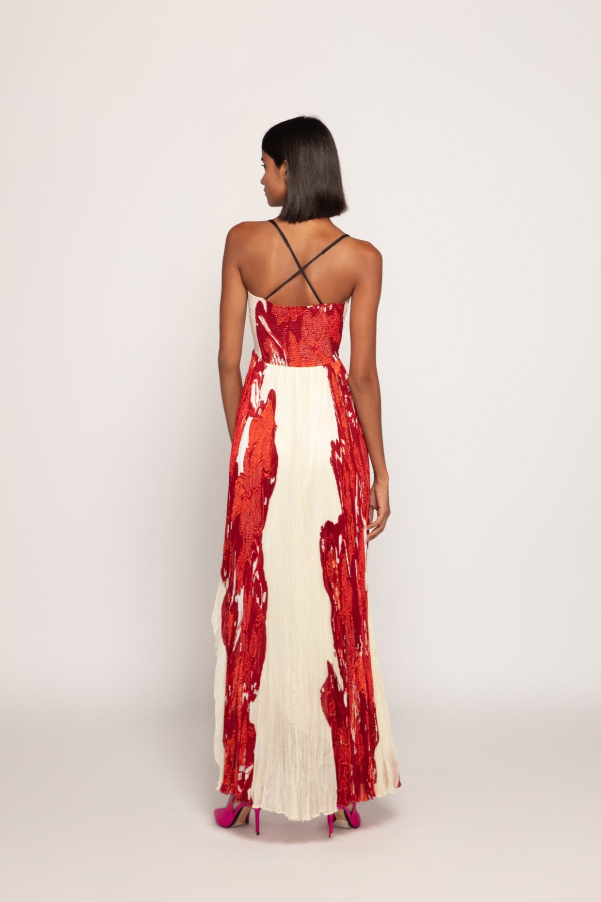 Bandhani Placement Print, Hand Micro Pleated Asymmetric Maxi Dress