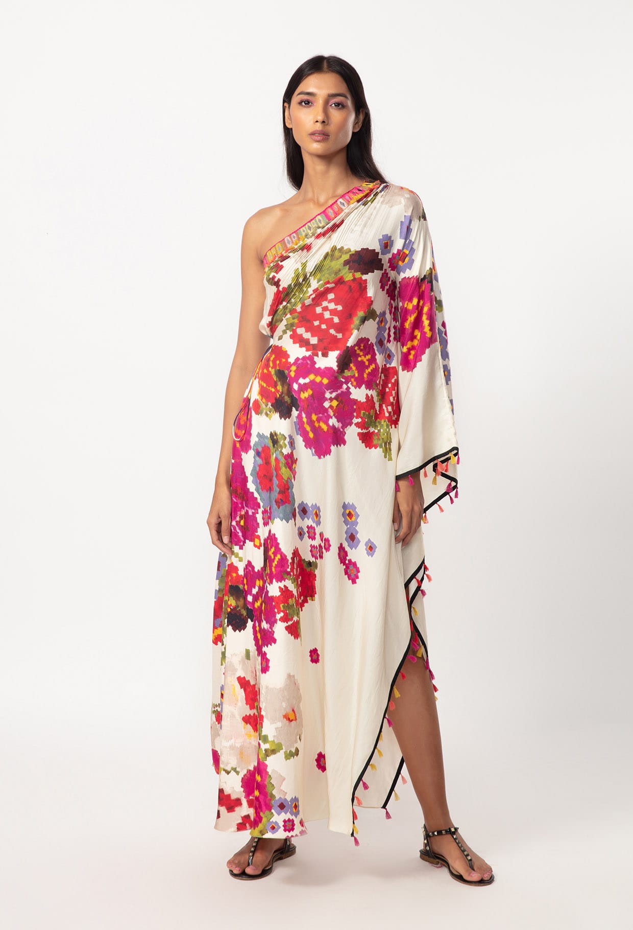 Floral Print Hand Micro Pleated Kaftan Dress 16