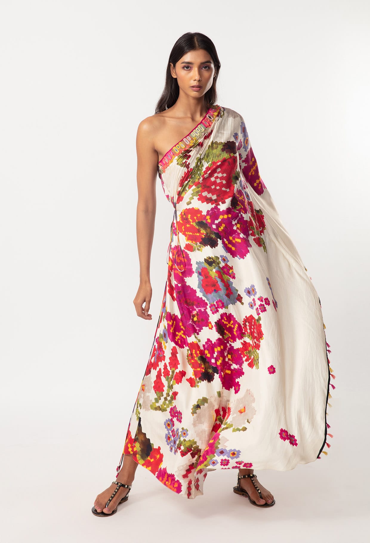 Floral Print Hand Micro Pleated Kaftan Dress