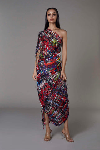 Periwinkle Bandhani Print Multi Layered Strapless Gown