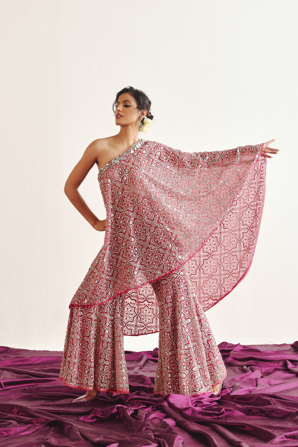 Hexagon One Shoulder Cape With Hexagon Bootcut Pants