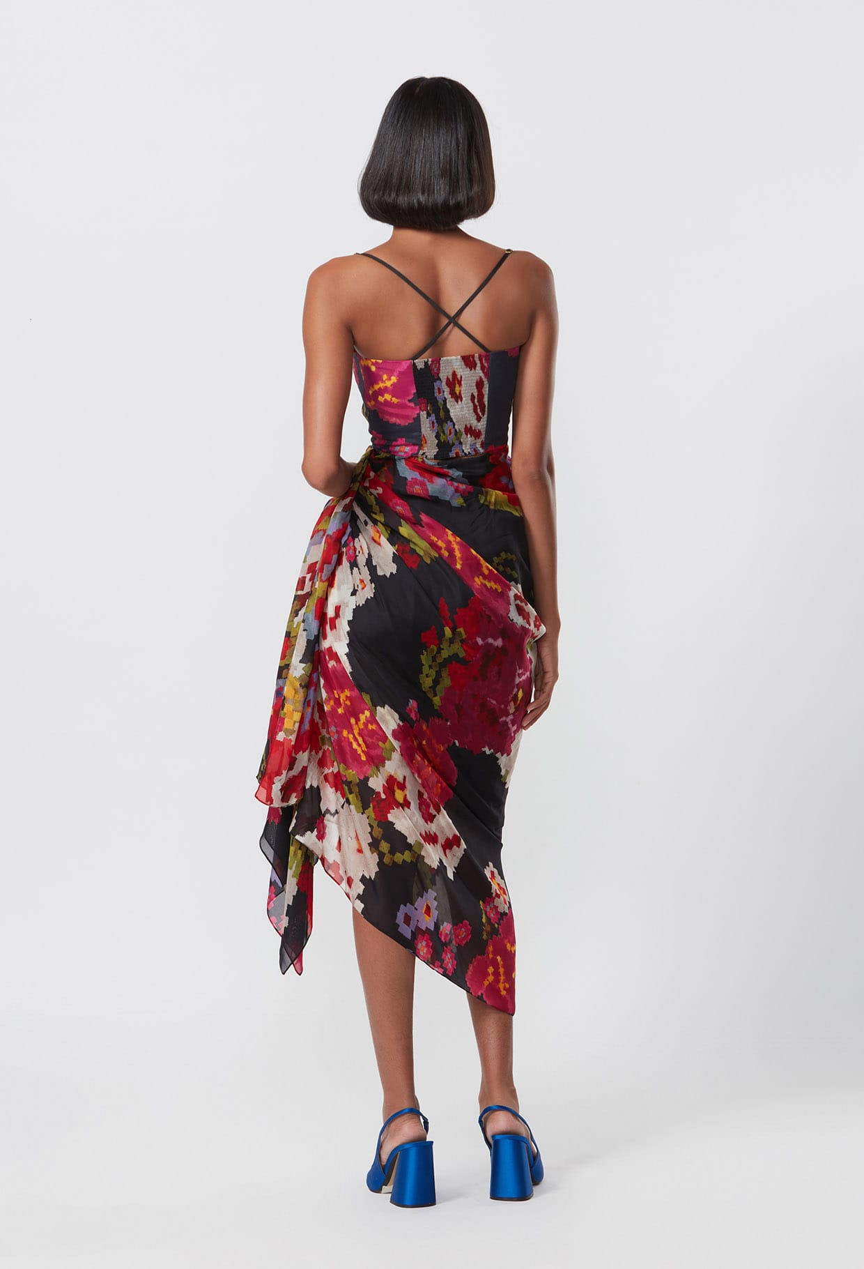 Floral Print Side Draped Midi Dress