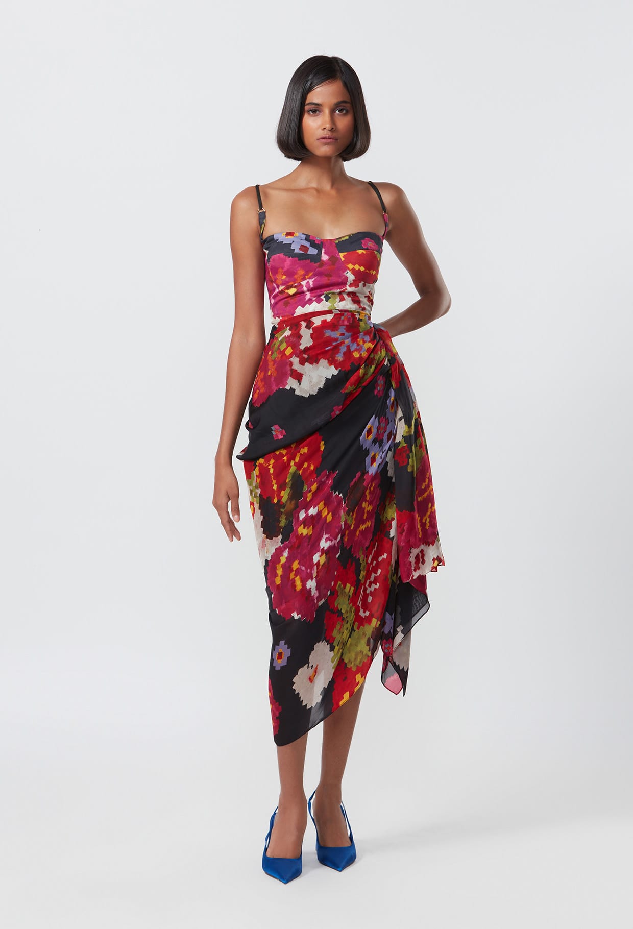 Floral Print Side Draped Midi Dress