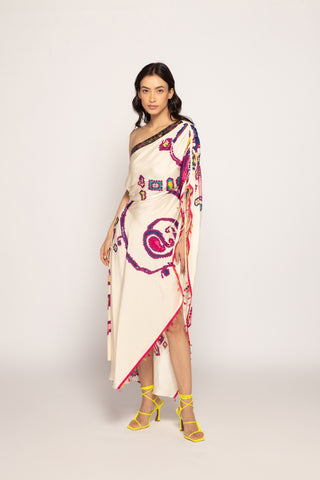 Bandhani Placement Print, Hand Micro Pleated Asymmetric Maxi Dress