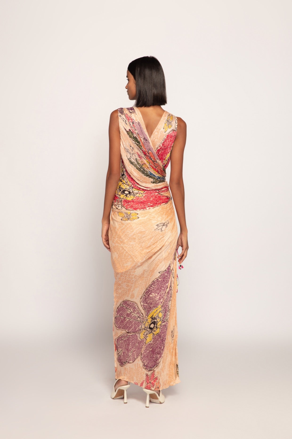 Periwinkle Bandhani Print, Hand Micro Pleated Overlap Style Sleeveless