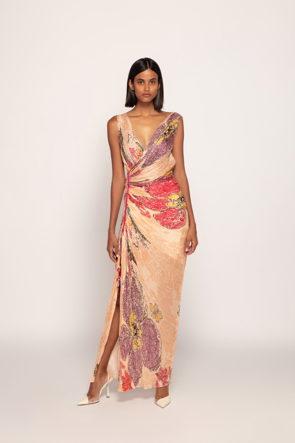 Periwinkle Bandhani Print, Hand Micro Pleated Overlap Style Sleeveless