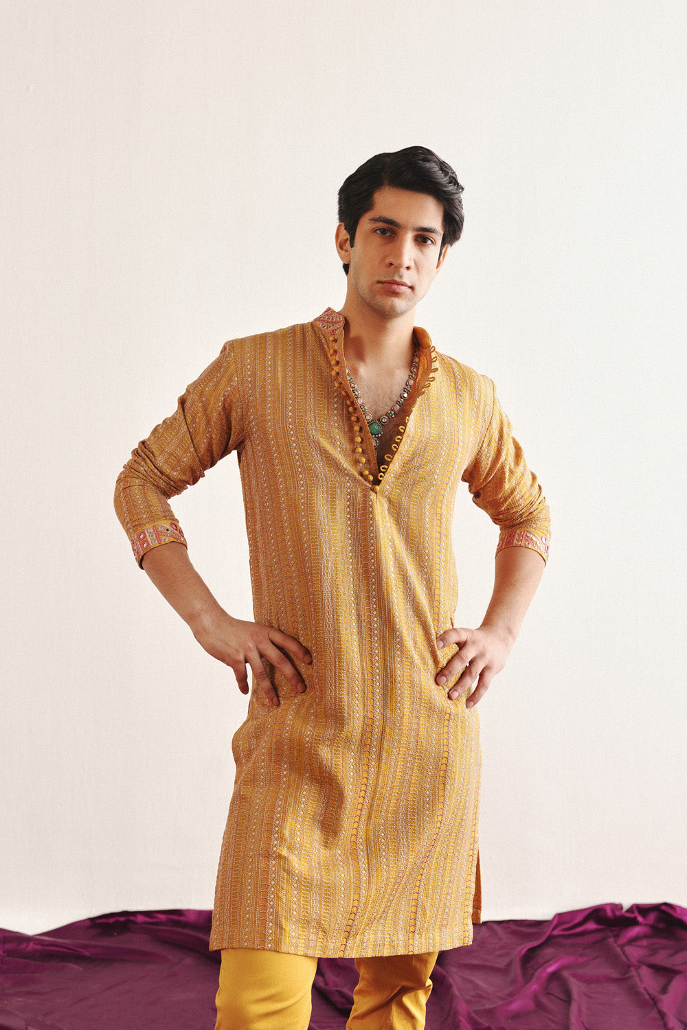Golden Yellow Kantha Work Kurta With Mirrorwork
