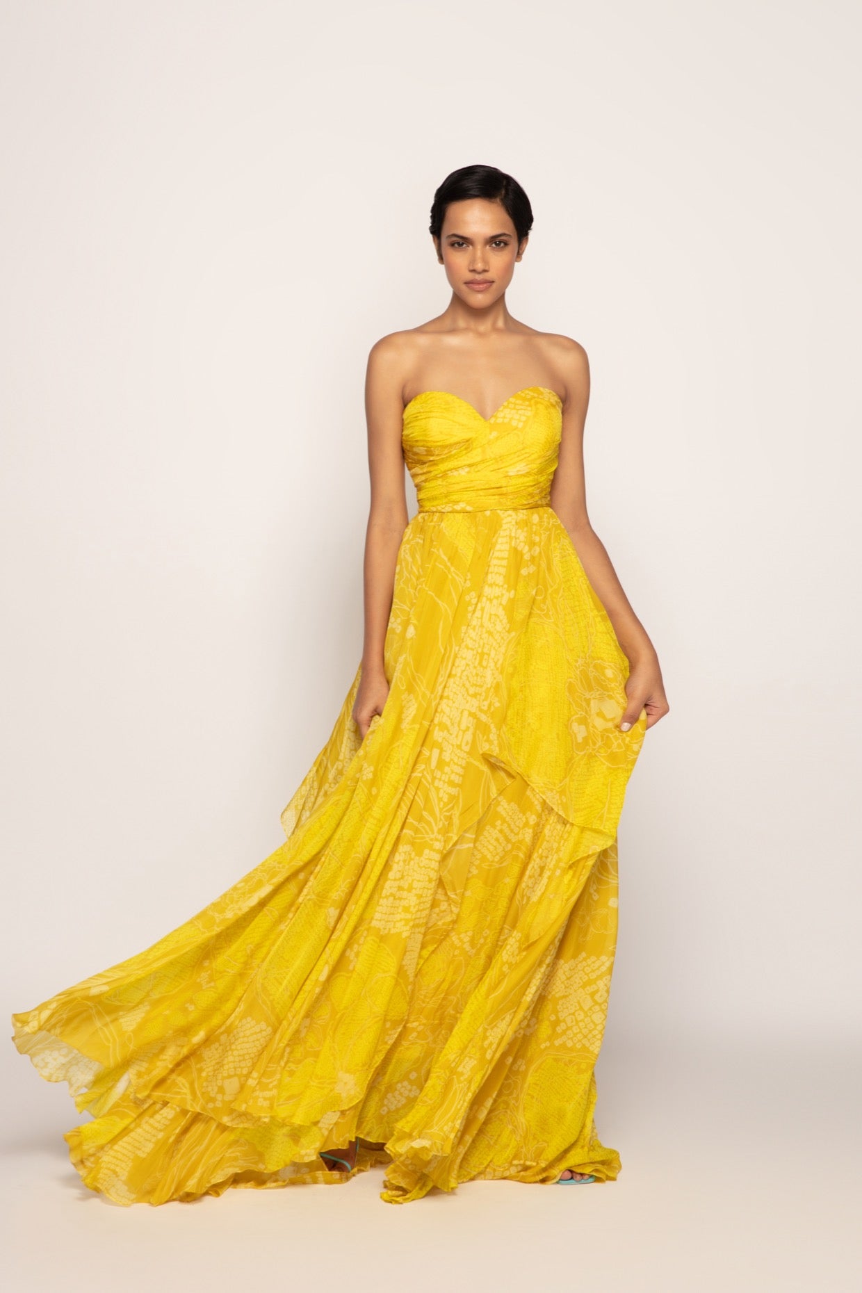 Periwinkle Bandhani Print Multi Layered Strapless Gown Periwinkle Bandhani Print Multi Layered Strapless Gown
