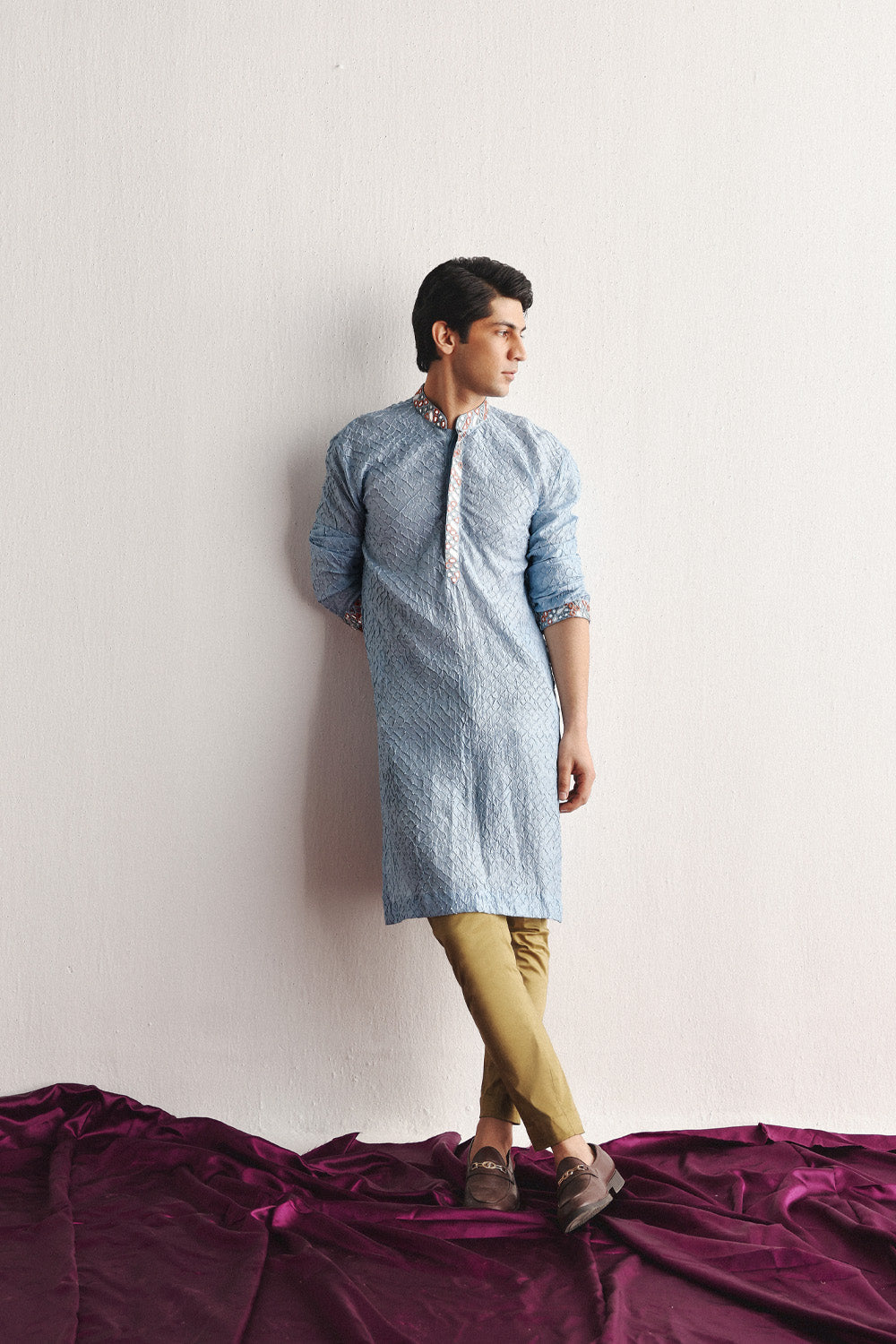 Powder Blue Bandhani Kurta With Mirrorwork