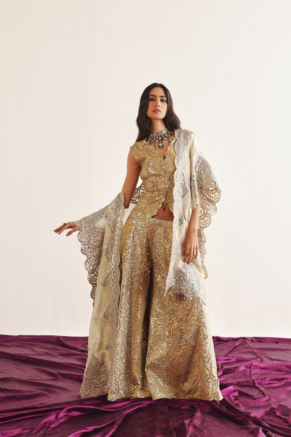 Cape With Gilet And Dual Color Flared Sharara