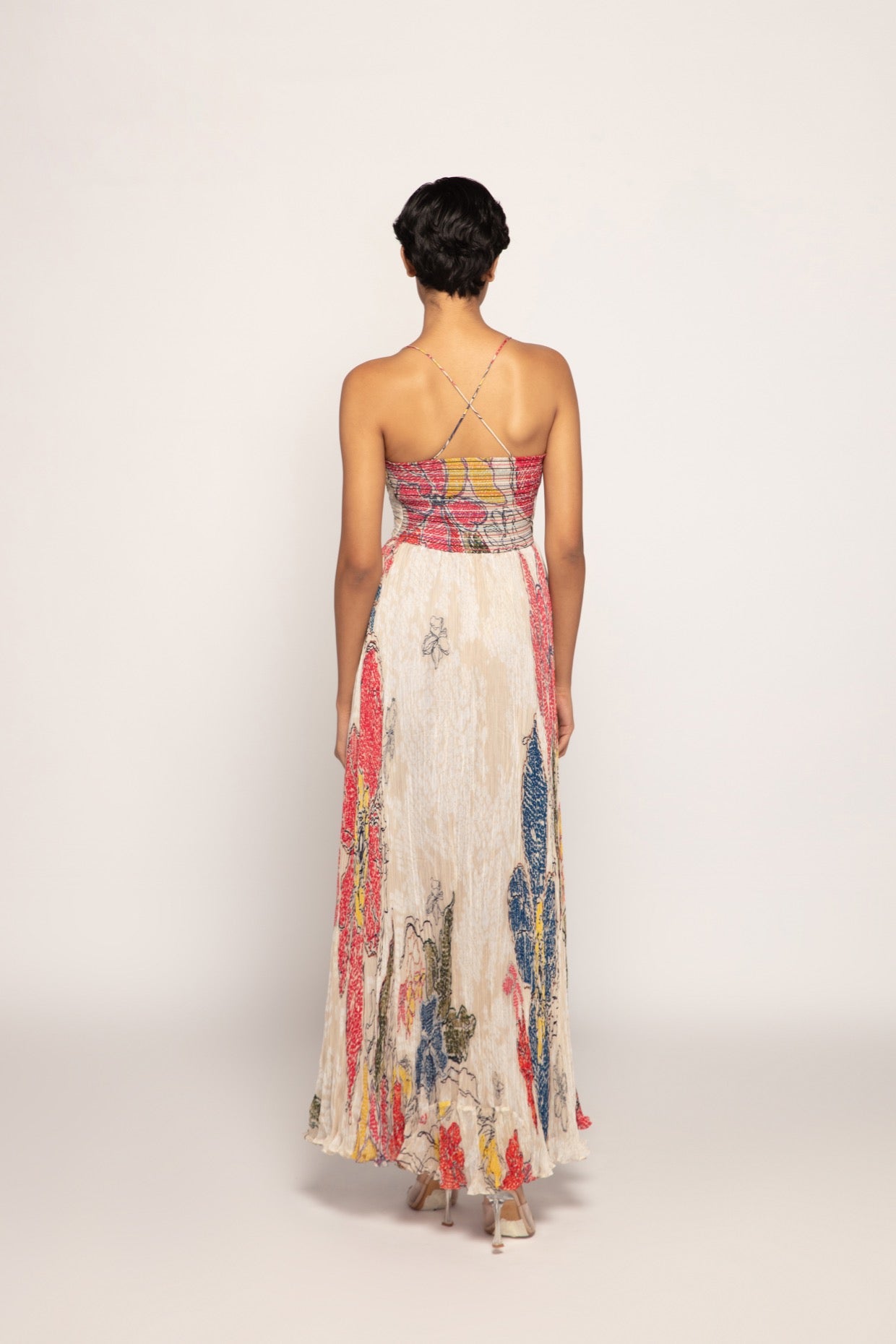 Periwinkle Bandhani Print, Hand Micro Pleated Cross Over Bustier Maxi