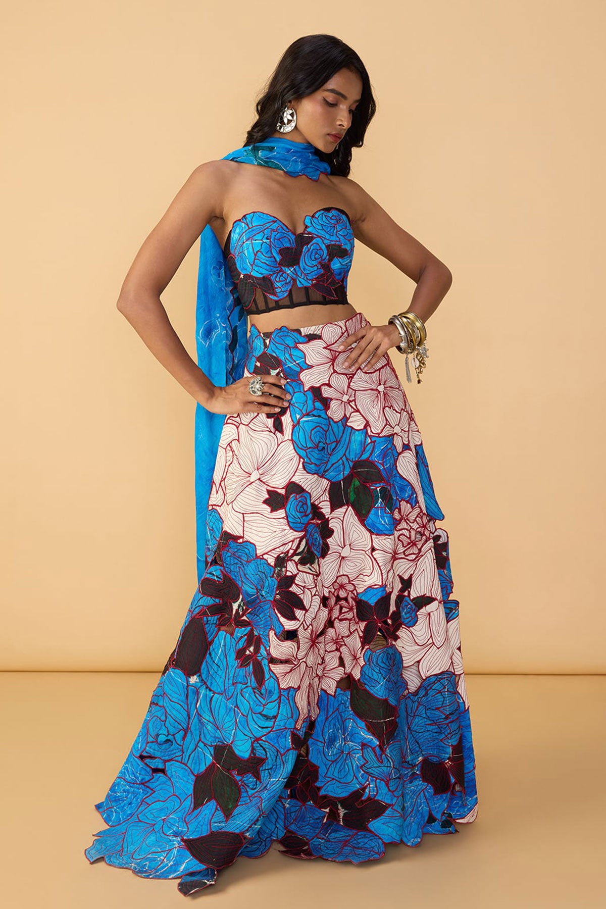 Starla Corset Blouse and and Sachi Lehenga Skirt and and Scallop Dupatta