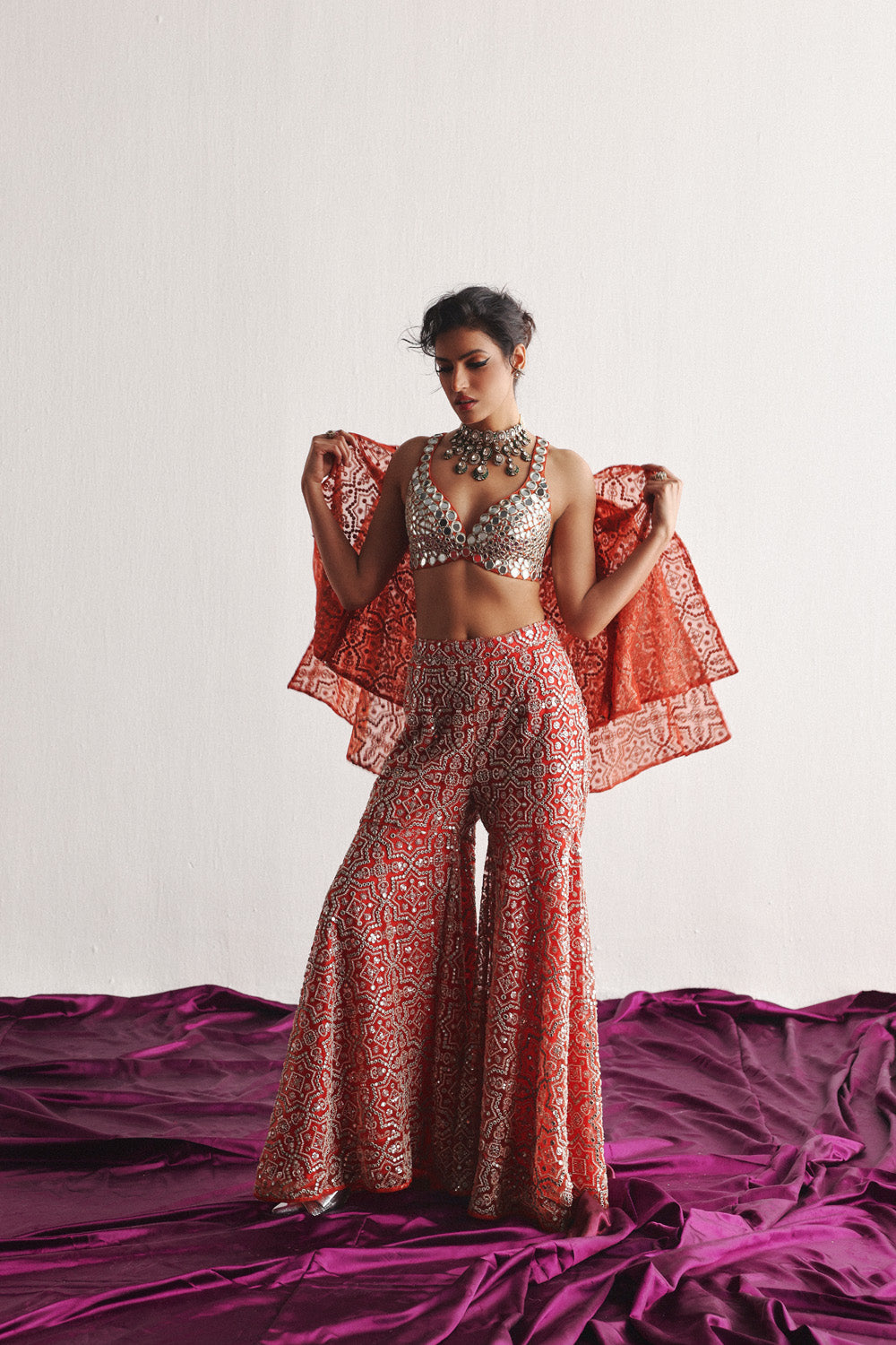 Cape Sleeves Jacket With Mirrorwork Bralette And Sharara