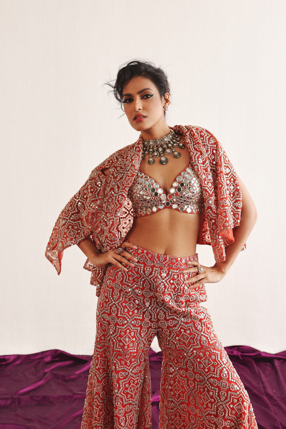 Cape Sleeves Jacket With Mirrorwork Bralette And Sharara