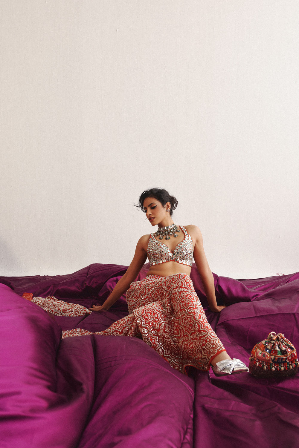 Cape Sleeves Jacket With Mirrorwork Bralette And Sharara