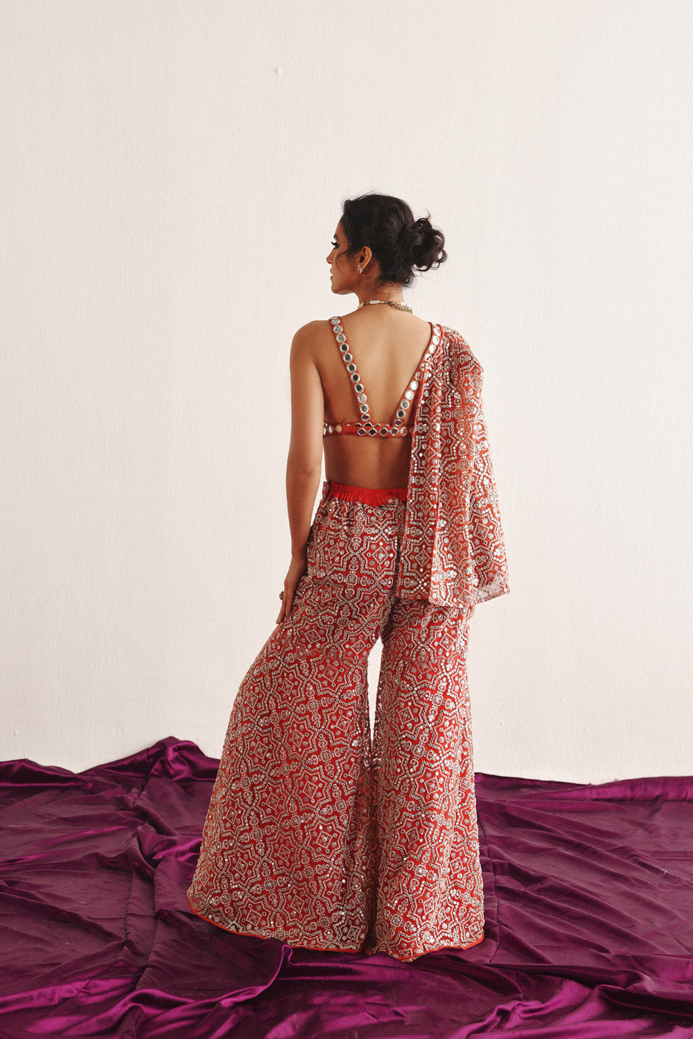 Cape Sleeves Jacket With Mirrorwork Bralette And Sharara