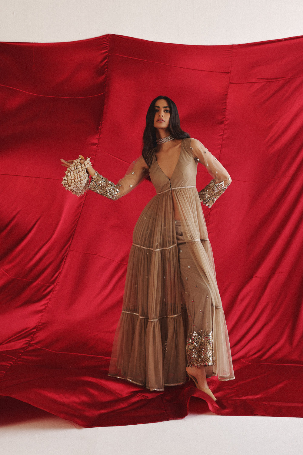 Layered Anarkali Jacket And Palazzos With Mirrorwork