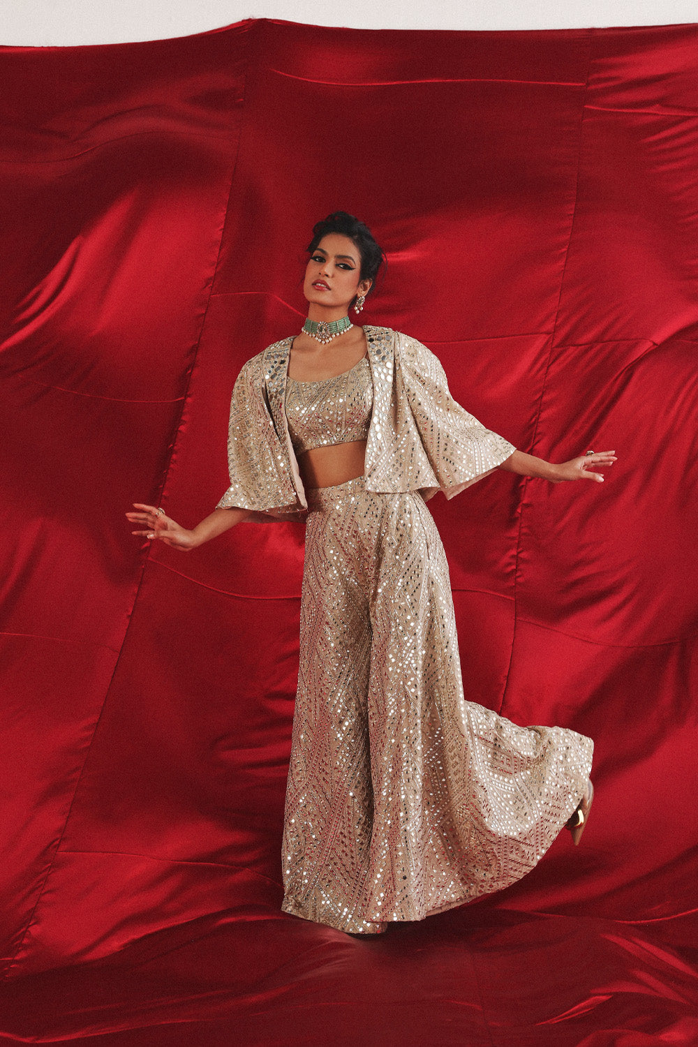 Tux Collar Cape Sleeves Jacket With Bandeau And Flared Shararas