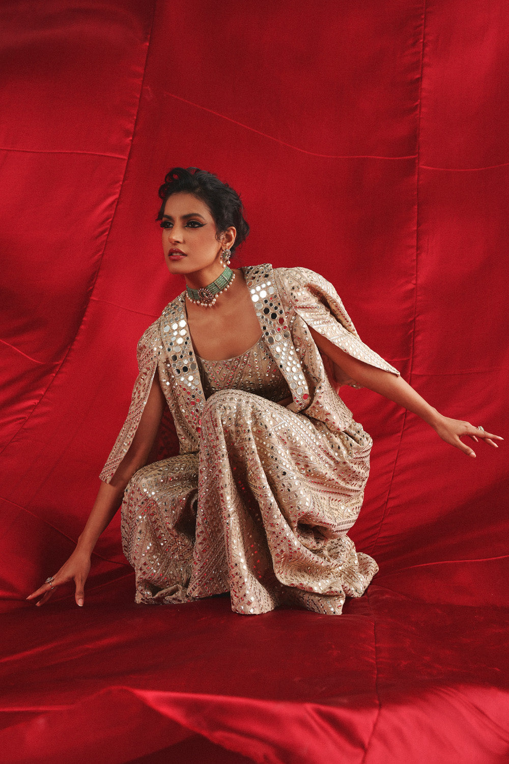 Tux Collar Cape Sleeves Jacket With Bandeau And Flared Shararas