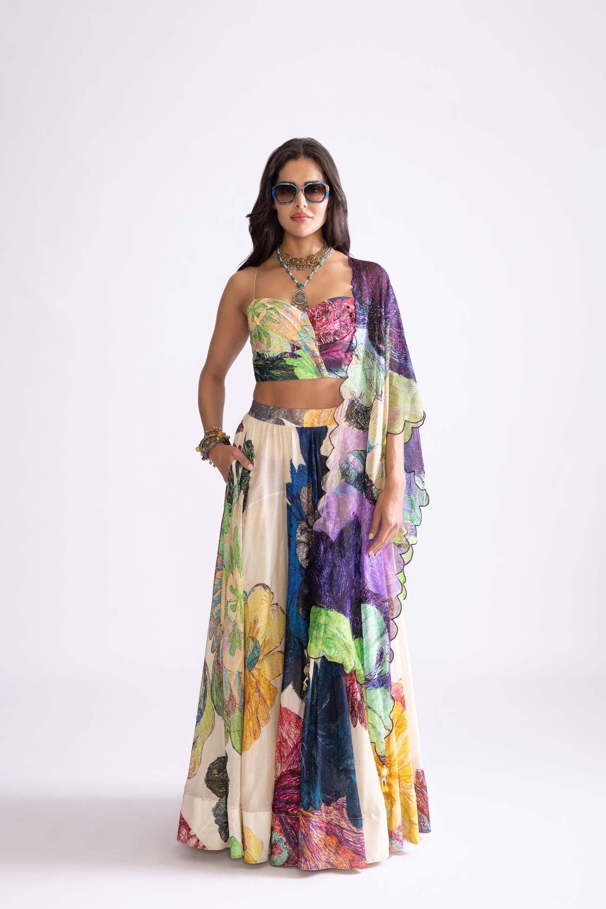 Bluey Blouse, Scallop Dupatta & Magnolia Lehenga