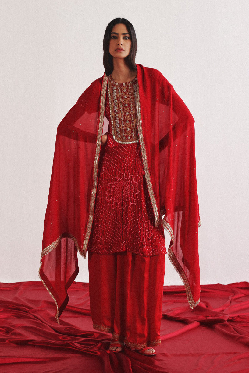 Marodiwork Crushed Bandhani Silk Kurta and Ankle Length Palazzos with Dupatta