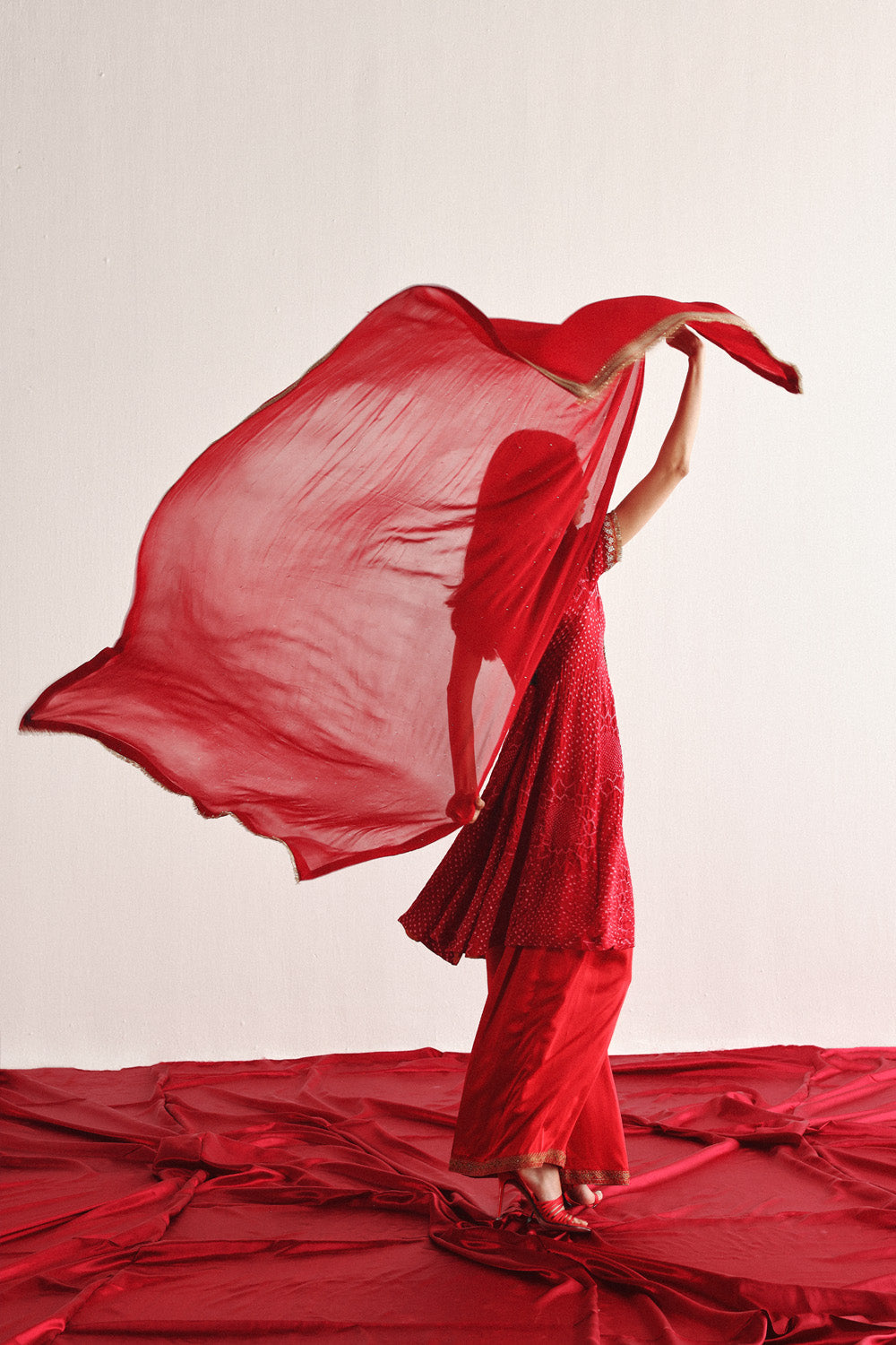 Marodiwork Crushed Bandhani Silk Kurta and Ankle Length Palazzos with Dupatta