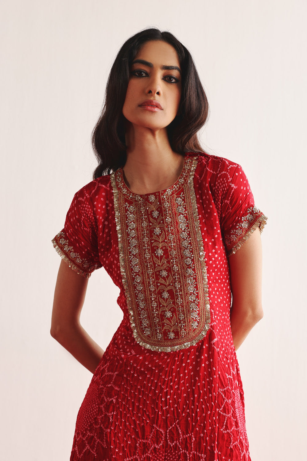 Marodiwork Crushed Bandhani Silk Kurta and Ankle Length Palazzos with Dupatta