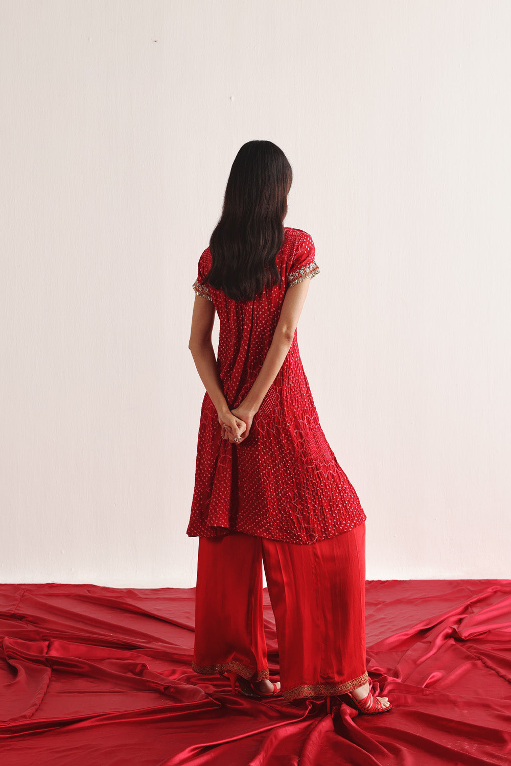 Marodiwork Crushed Bandhani Silk Kurta and Ankle Length Palazzos with Dupatta