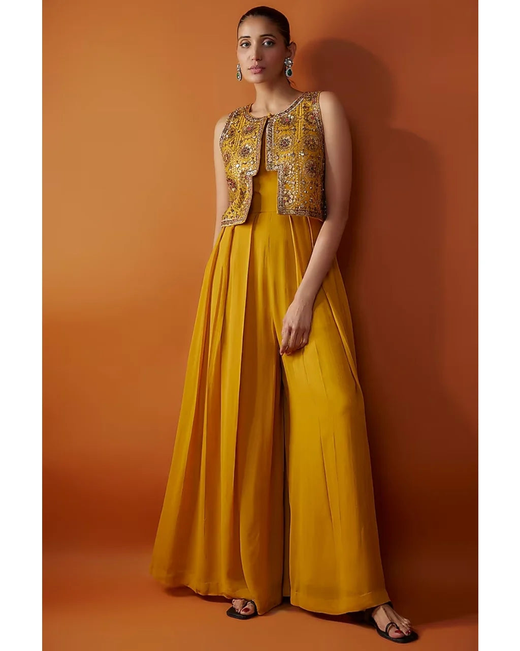 Mustard Pleated Jumpsuit With Short Jacket
