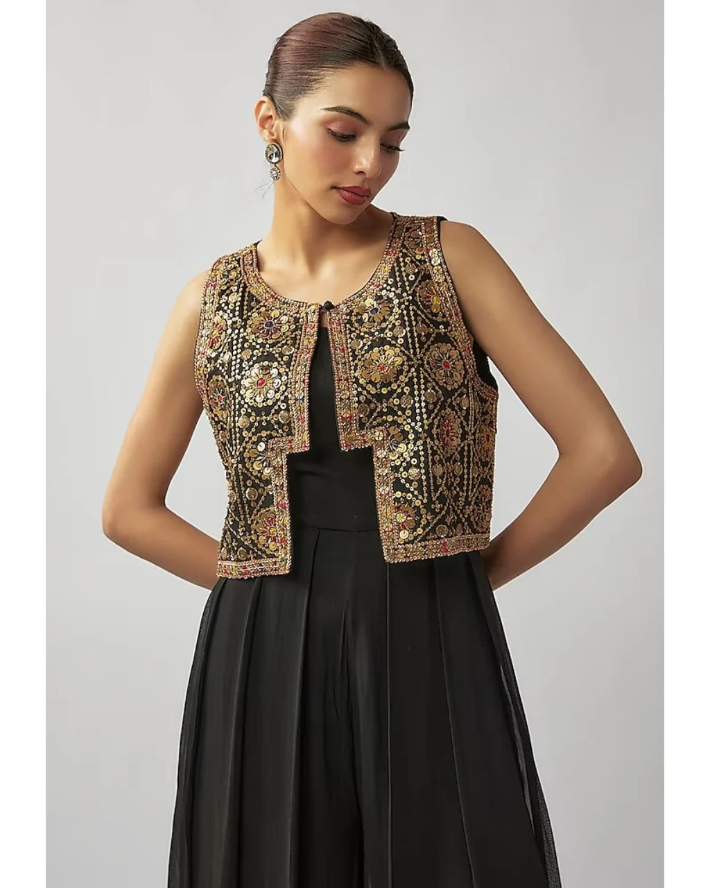 Black Pleated Jumpsuit With Short Jacket