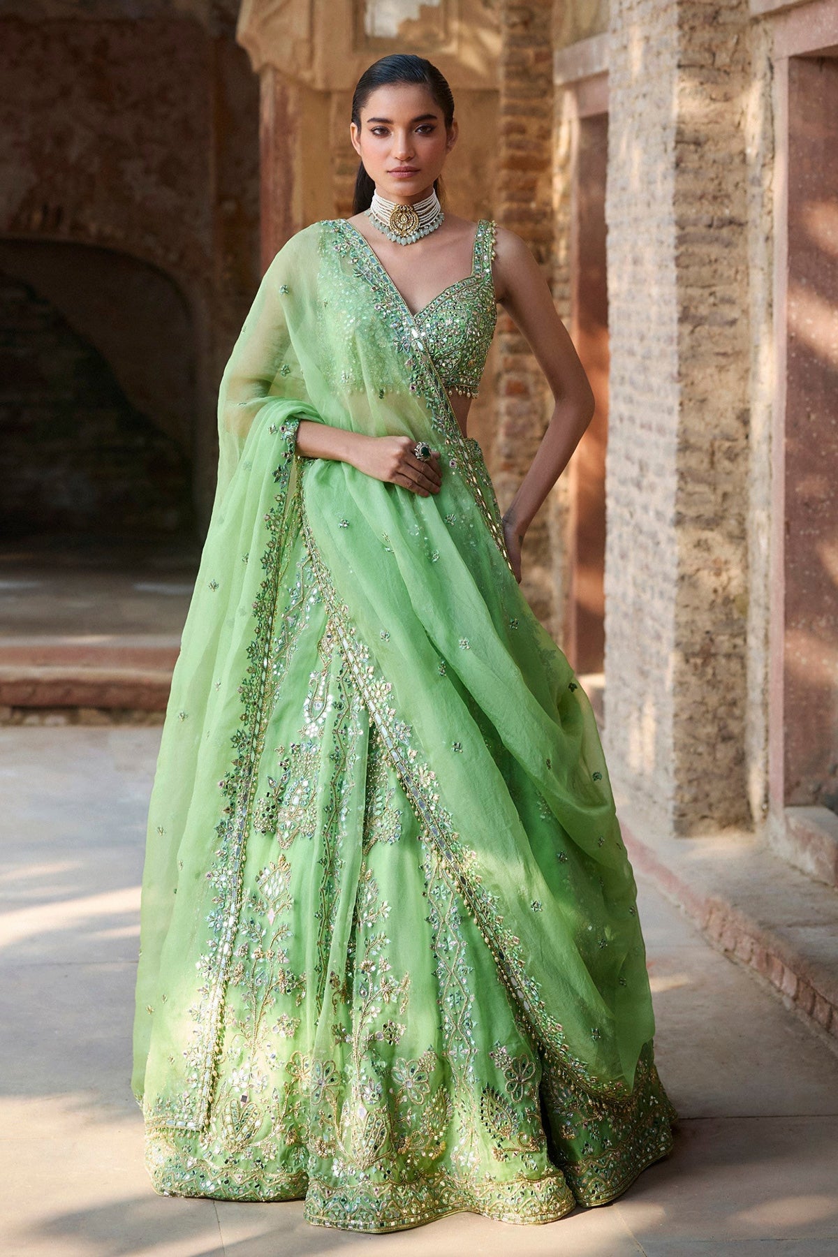 Lime Green Organza Lehenga Set