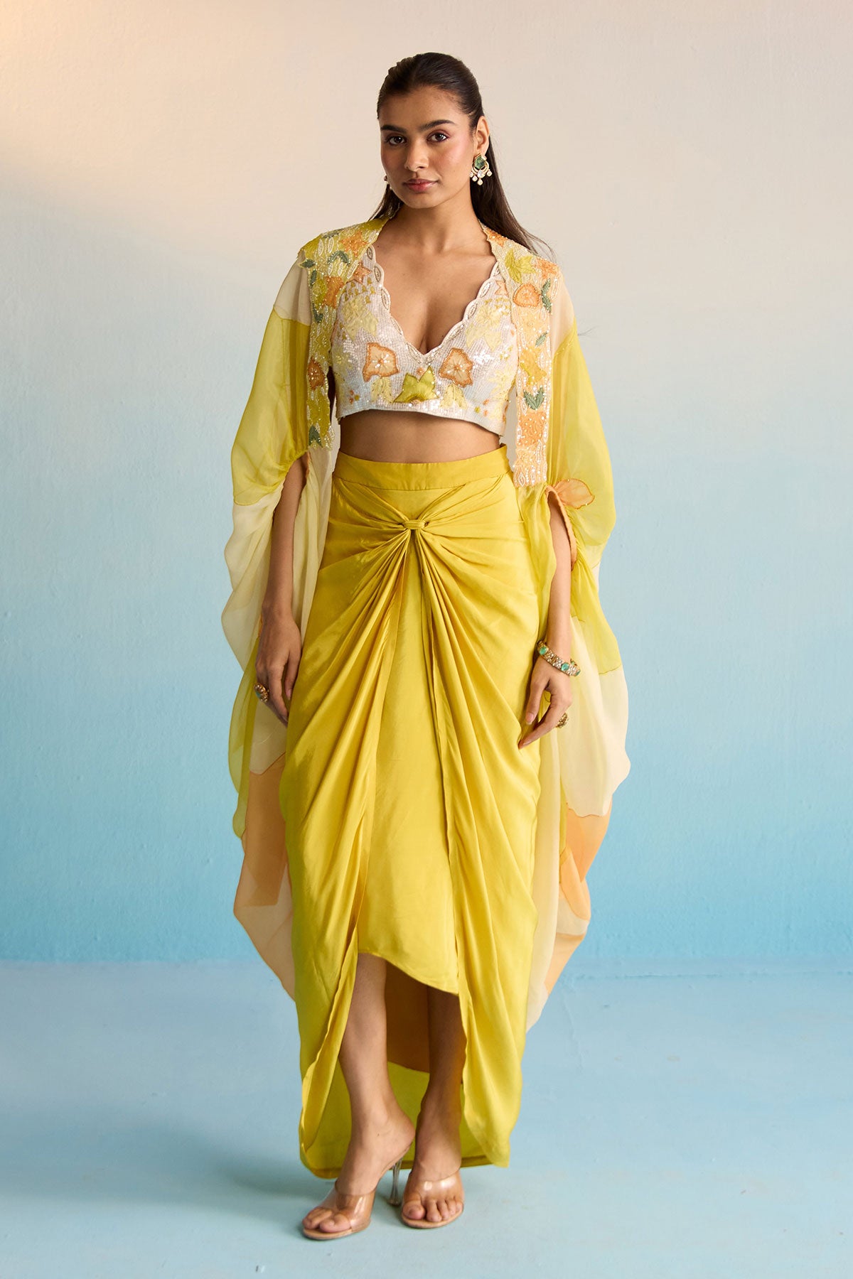 Abeni Yellow Hand-Painted Organza Cape & Skirt Set