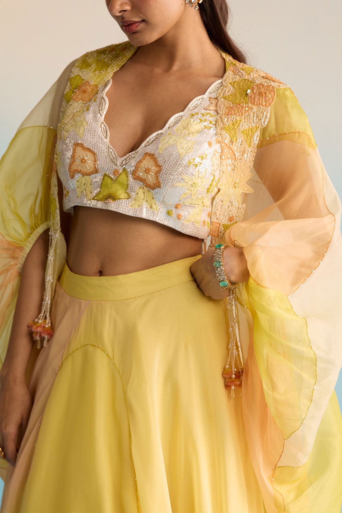Abeni Yellow Hand-Painted Organza Cape & Skirt Set