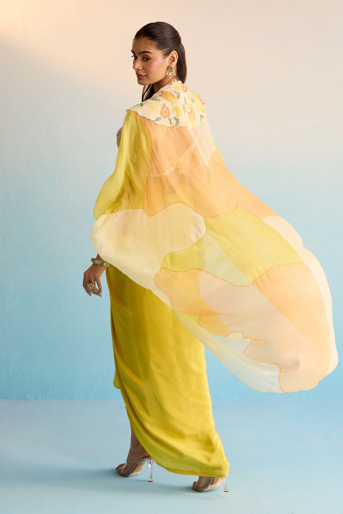 Abeni Yellow Hand-Painted Organza Cape & Skirt Set