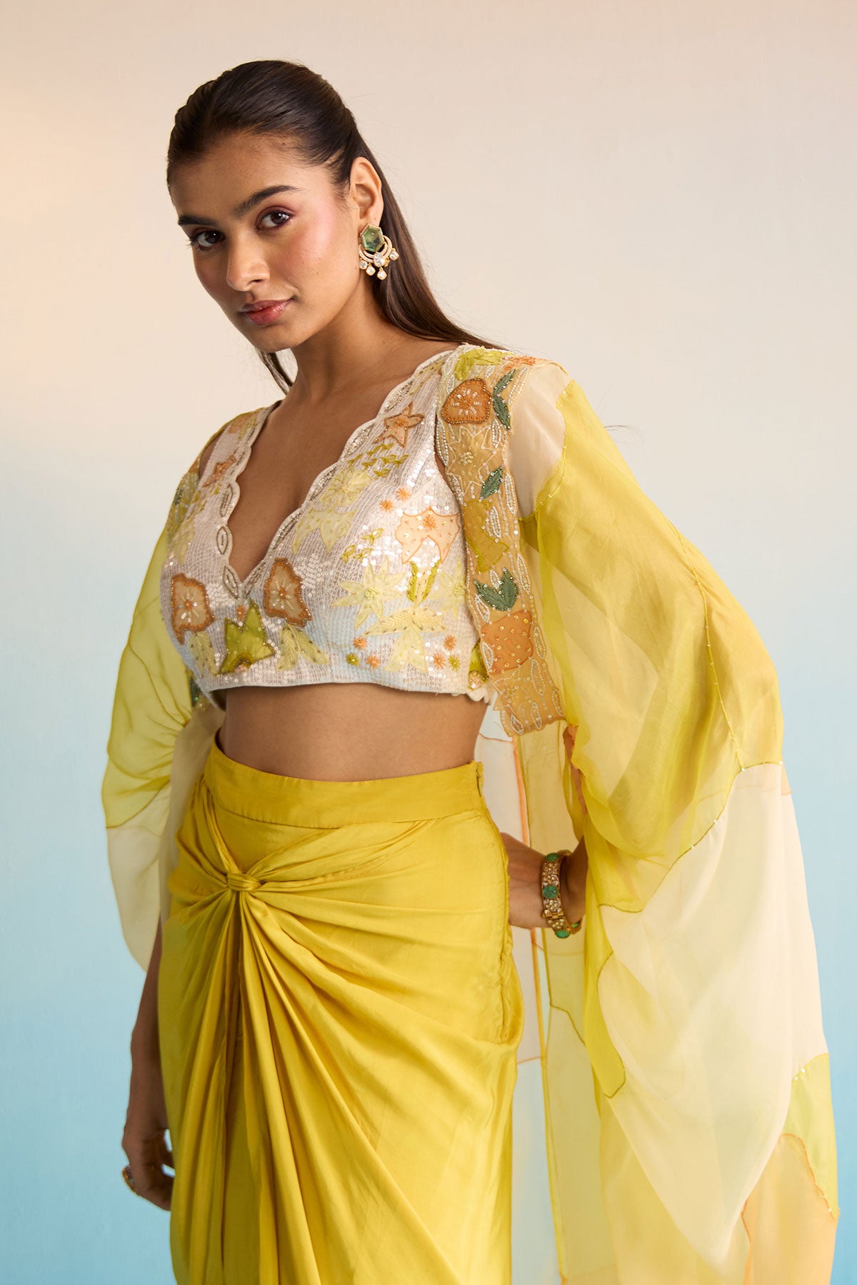 Abeni Yellow Hand-Painted Organza Cape & Skirt Set