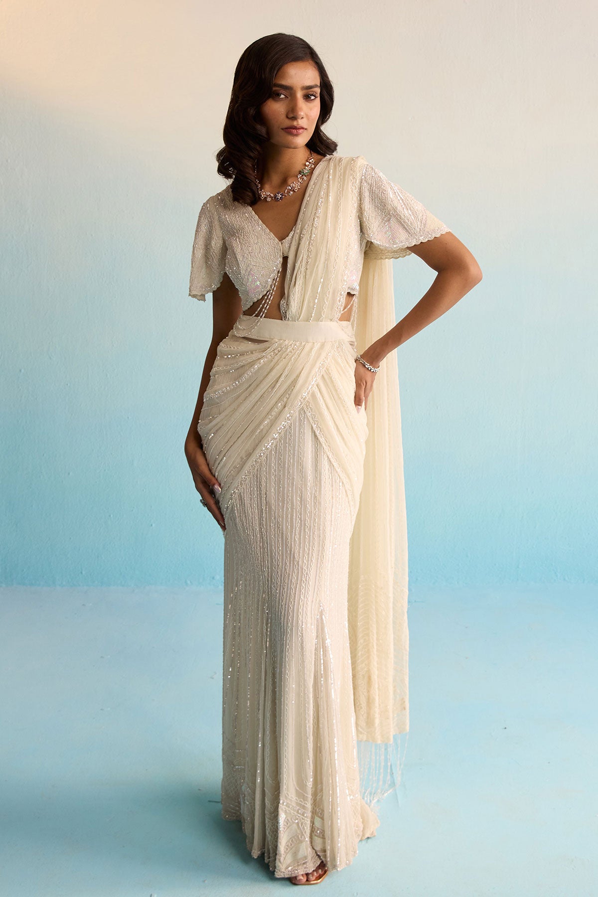 Aurore Pristine White Pre-Draped Saree With Chiffon Overlay, Sequins & Cutdana Detailing