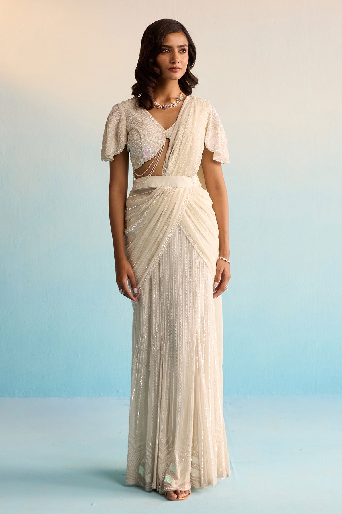 Aurore Pristine White Pre-Draped Saree With Chiffon Overlay, Sequins & Cutdana Detailing