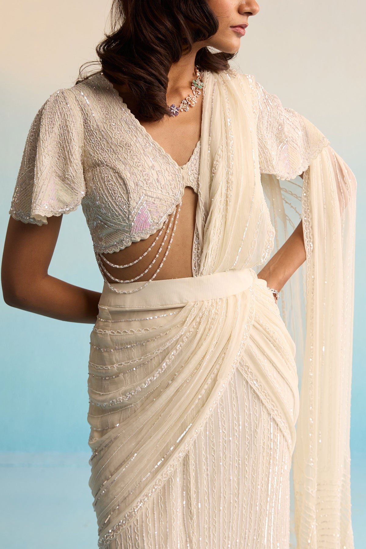 Aurore Pristine White Pre-Draped Saree With Chiffon Overlay, Sequins & Cutdana Detailing