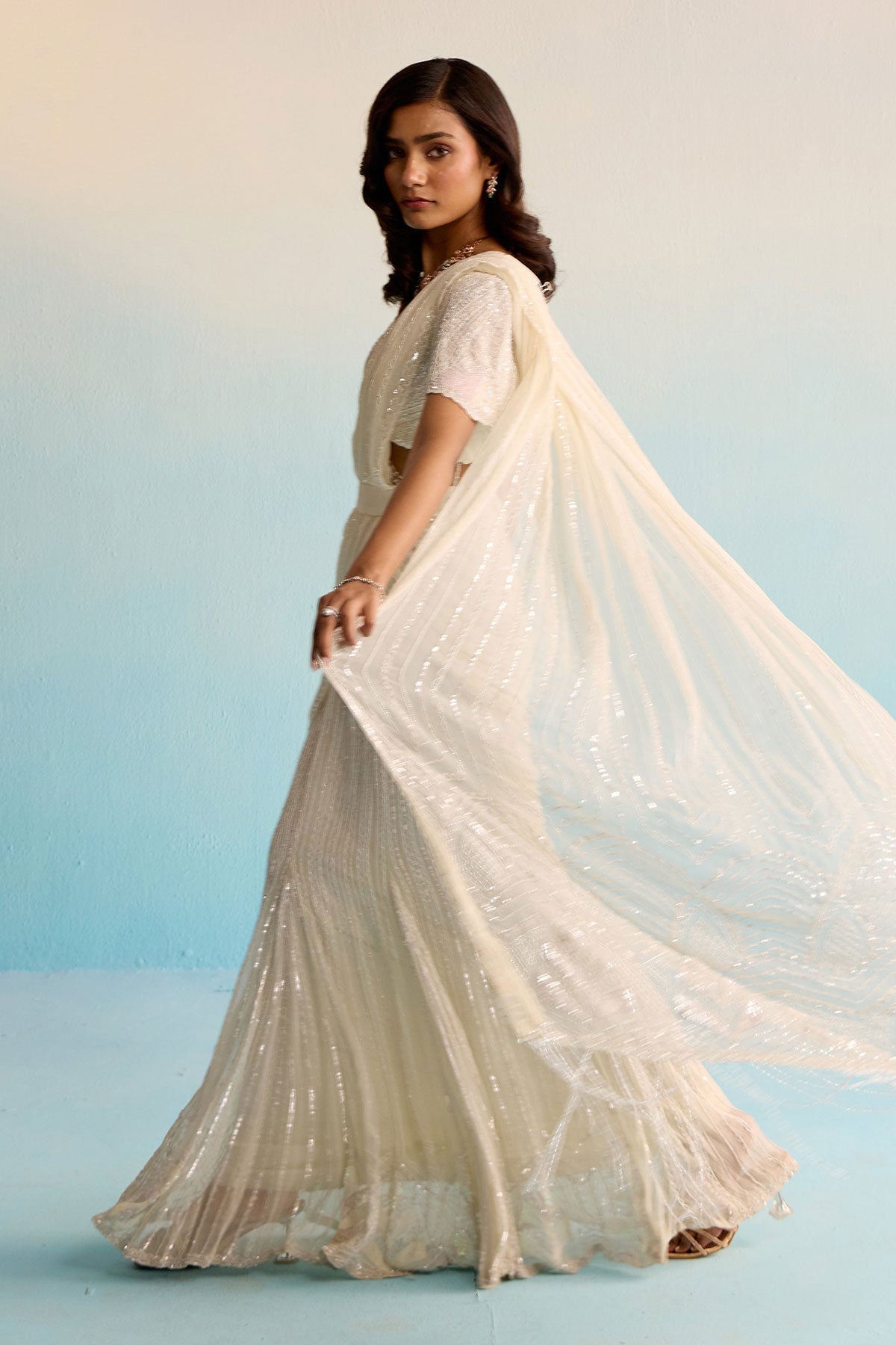 Aurore Pristine White Pre-Draped Saree With Chiffon Overlay, Sequins & Cutdana Detailing