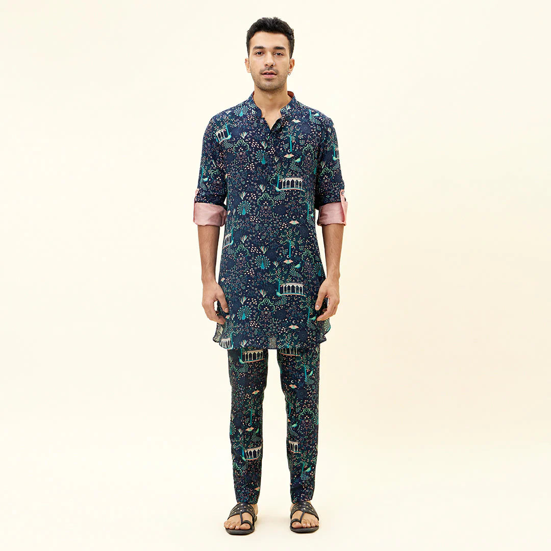 BLUE MOR JAAL PRINT SHORT SHIRT STYLE KURTA WITH PANTS