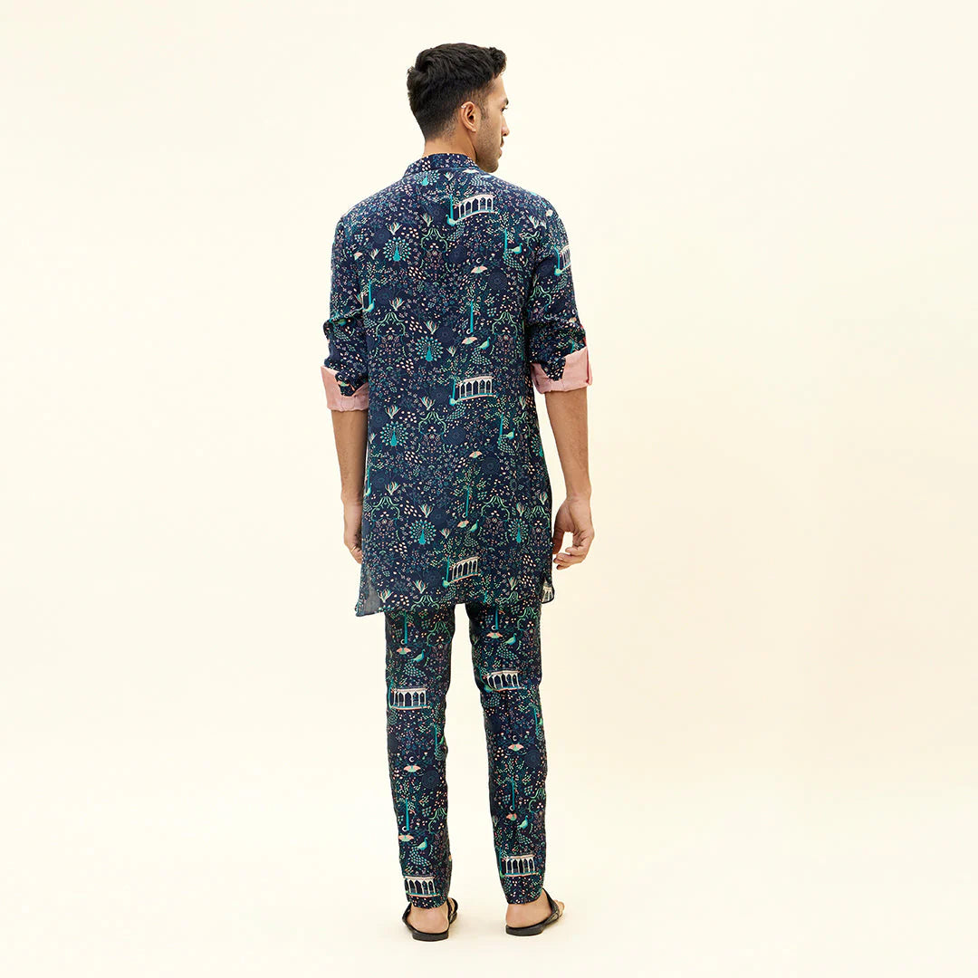 BLUE MOR JAAL PRINT SHORT SHIRT STYLE KURTA WITH PANTS