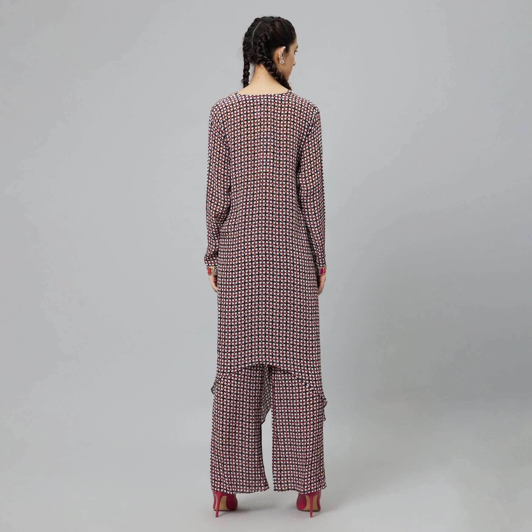 BLACK GEOMETRIC PRINT FRONT TIE UP TUNIC SET