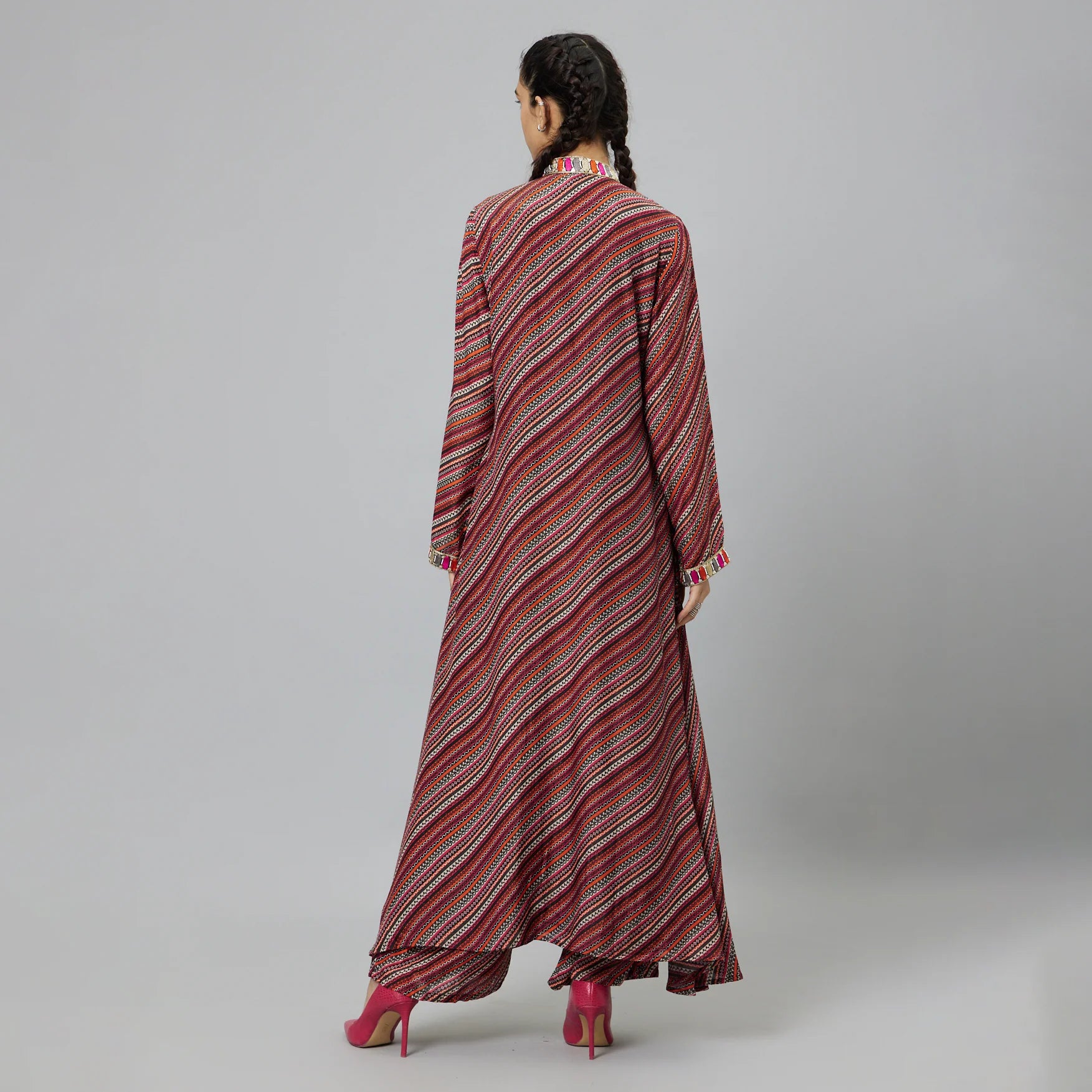 BOHEMIAN STRIPE PRINT KURTA WITH EMBROIDERED YOKE AND PANTS