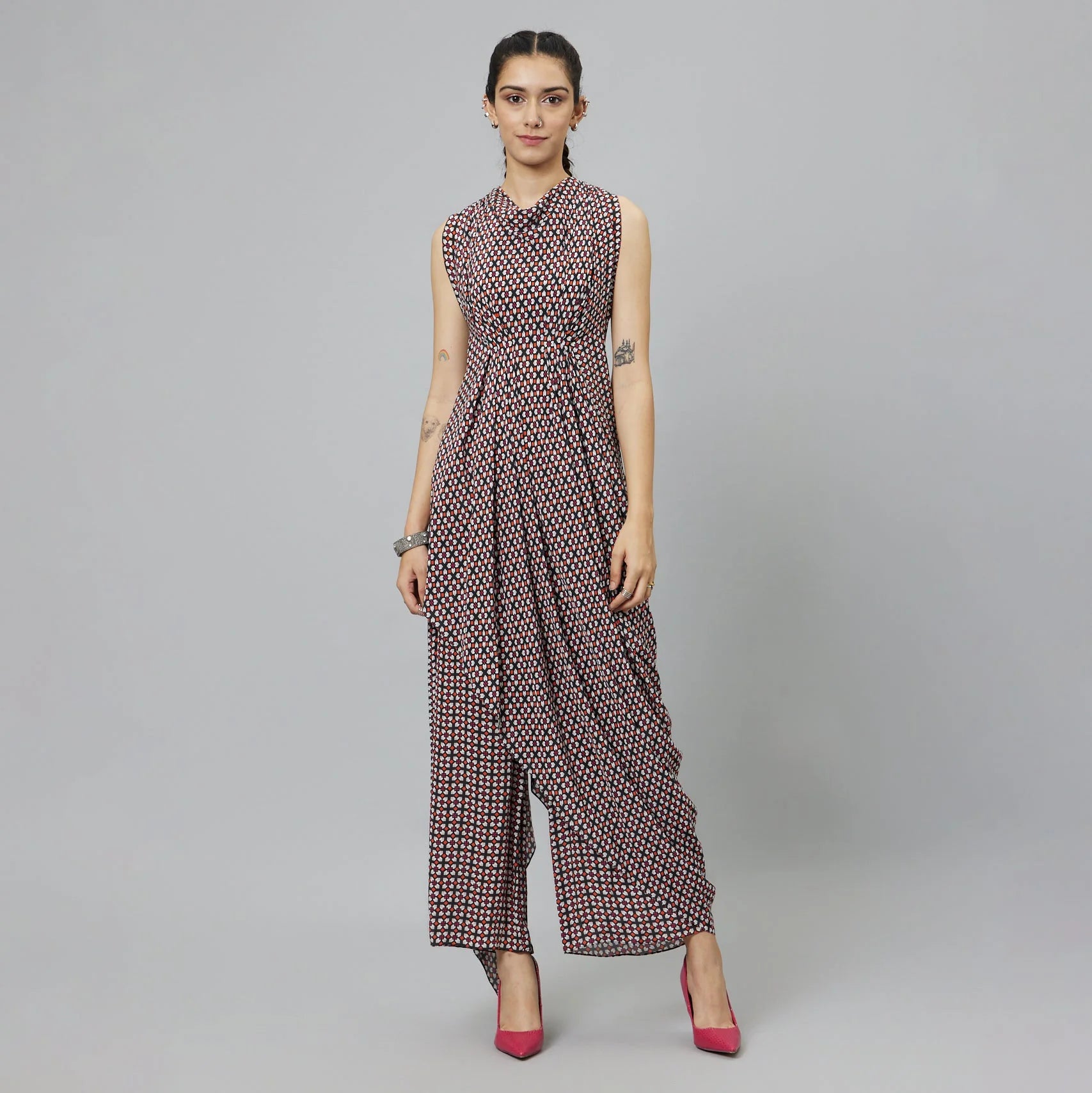 BLACK GEOMETRIC PRINT CROP TOP WITH ATTACHED DRAPE WITH PANTS