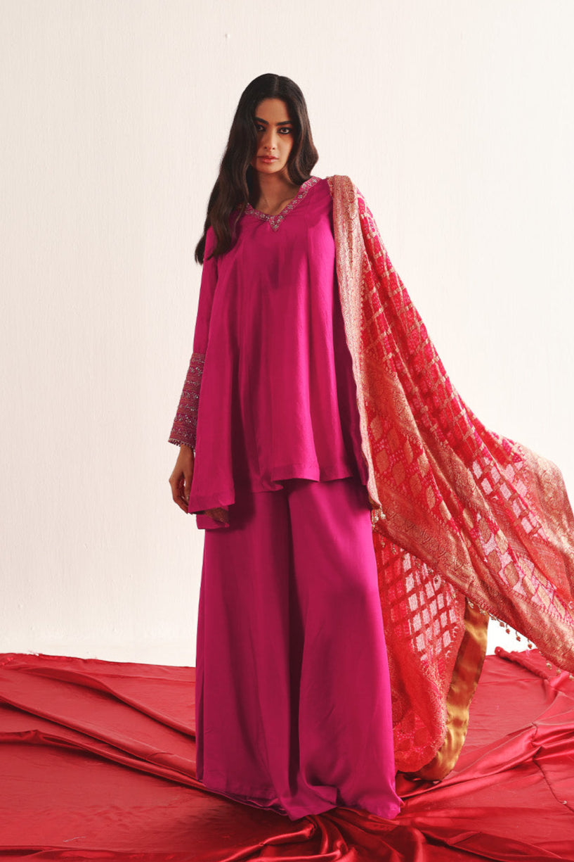 Marodiwork Silk Kurta and Flared Pants with Dupatta