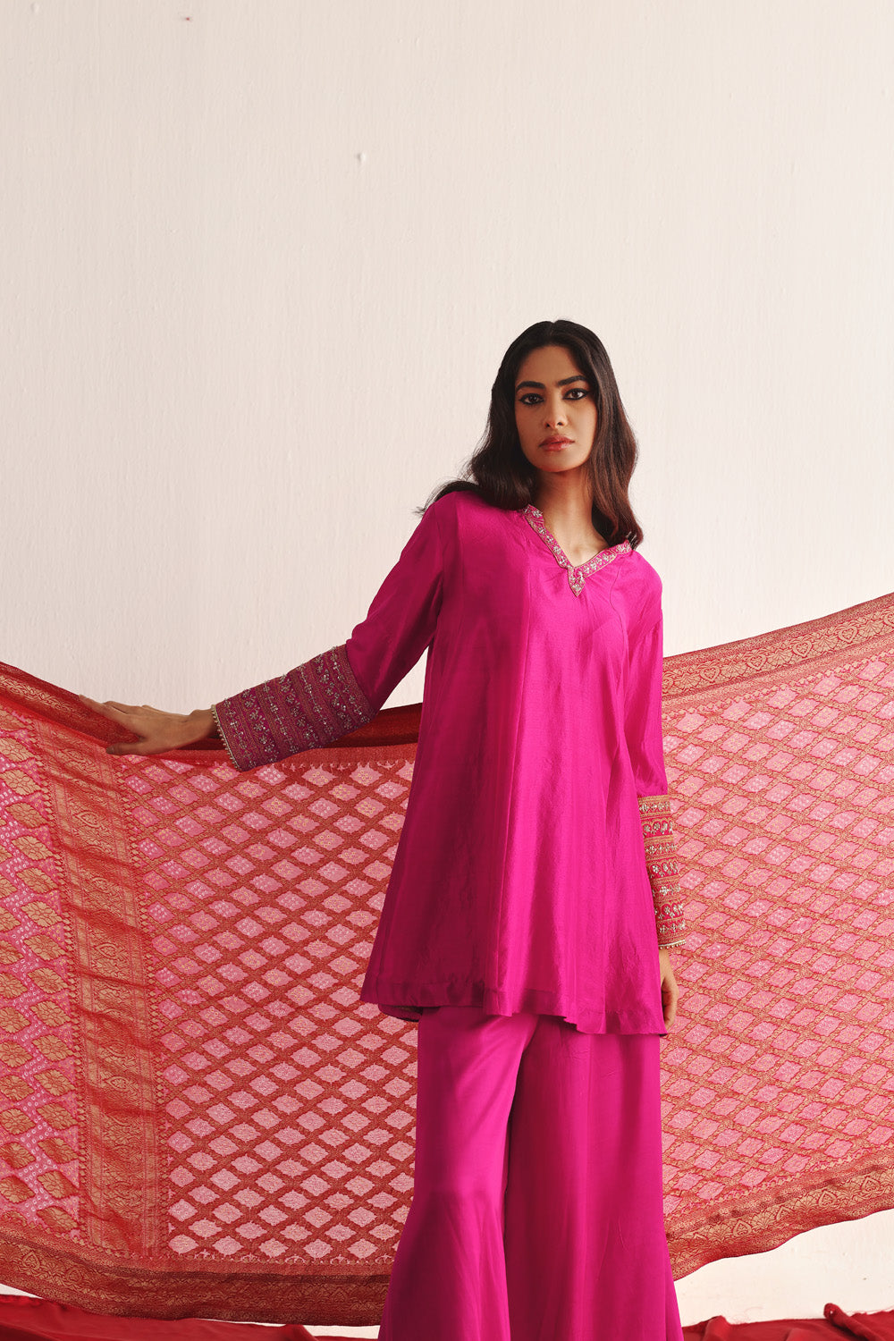 Marodiwork Silk Kurta and Flared Pants with Dupatta