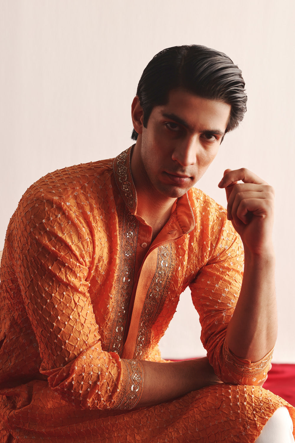 Mandarin Crushed Bandhani Kurta With Marodiwork